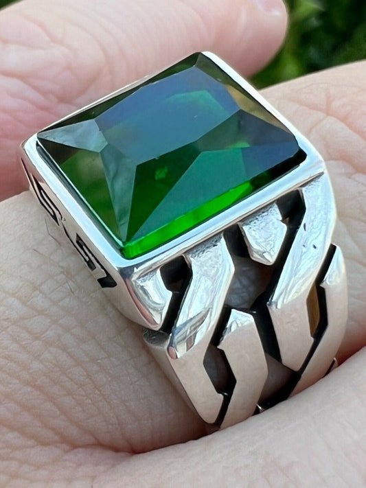 Mens Real Solid 925 Sterling Silver Green Emerald Gem Stone Ring Pinky Signet