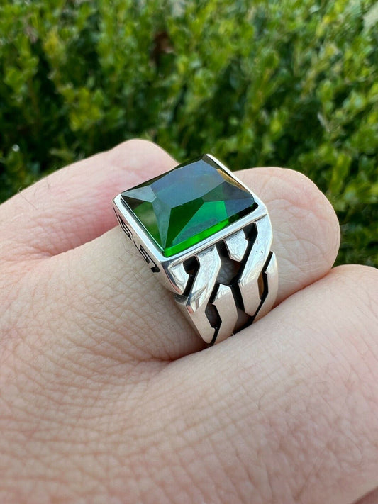 Mens Real Solid 925 Sterling Silver Green Emerald Gem Stone Ring Pinky Signet