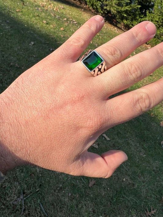 Mens Real Solid 925 Sterling Silver Green Emerald Gem Stone Ring Pinky Signet