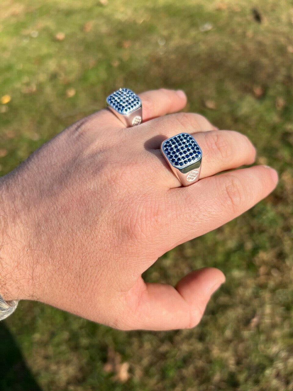 Mens Real Solid 925 Sterling Silver Iced Blue Sapphire Stone Ring Hip Hop 7-13