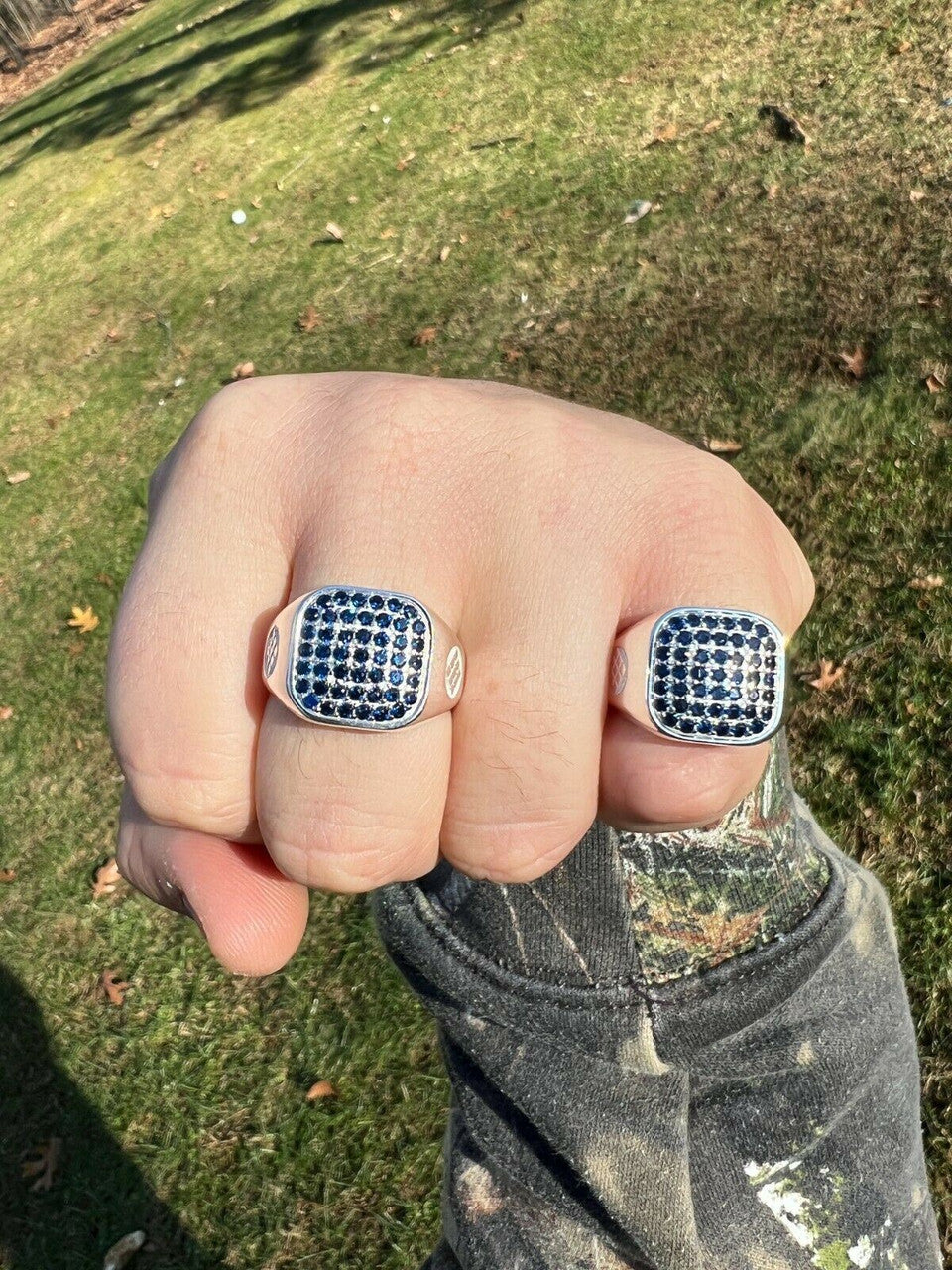 Mens Real Solid 925 Sterling Silver Iced Blue Sapphire Stone Ring Hip Hop 7-13