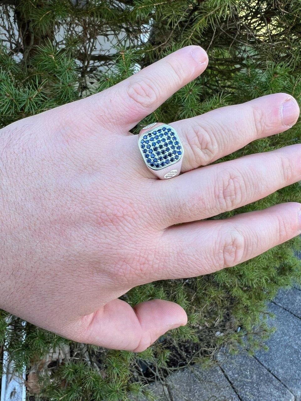 Mens Real Solid 925 Sterling Silver Iced Blue Sapphire Stone Ring Hip Hop 7-13