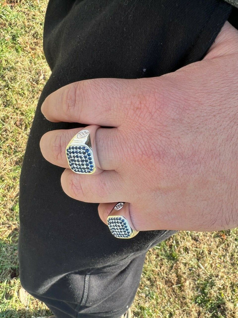 Mens Real Solid 925 Sterling Silver Iced Blue Sapphire Stone Ring Hip Hop 7-13