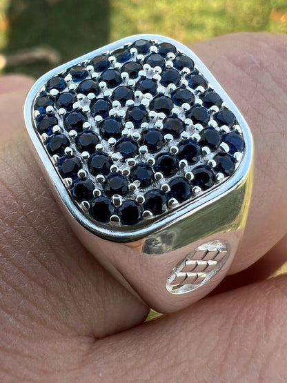 Mens Real Solid 925 Sterling Silver Iced Blue Sapphire Stone Ring Hip Hop 7-13