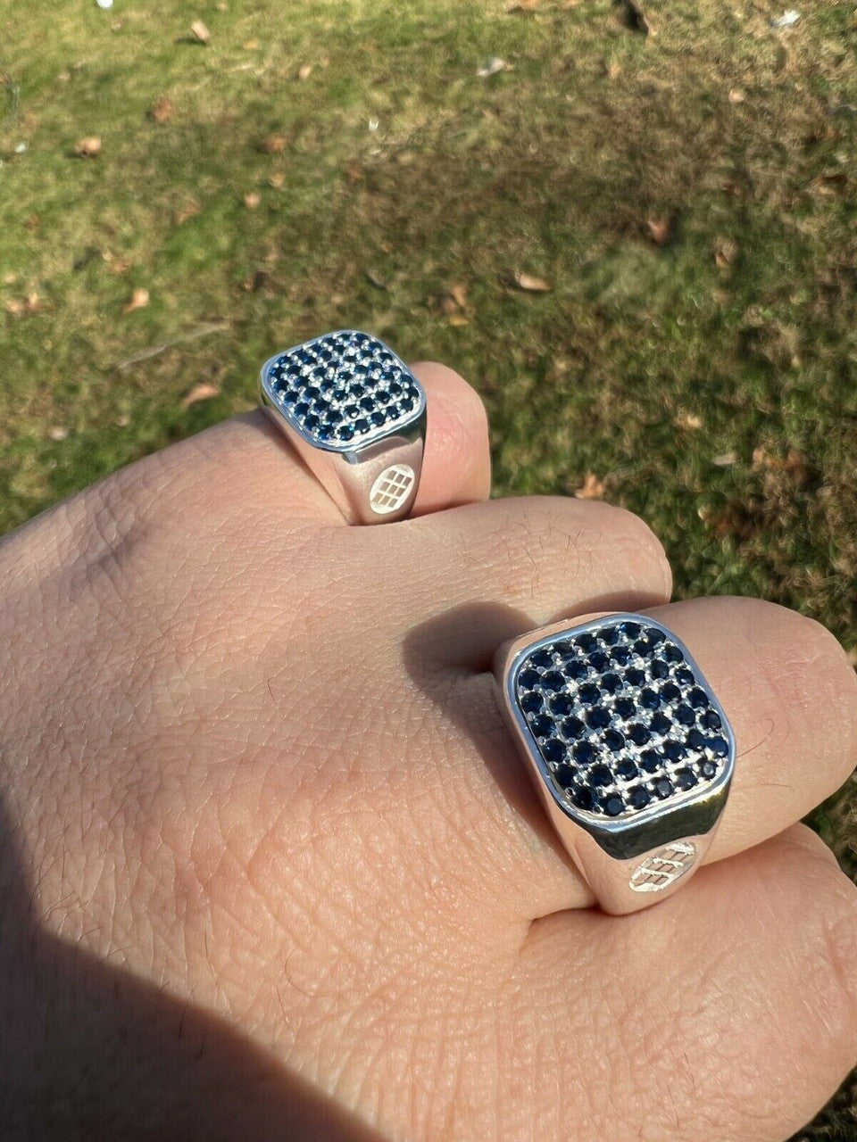 Mens Real Solid 925 Sterling Silver Iced Blue Sapphire Stone Ring Hip Hop 7-13