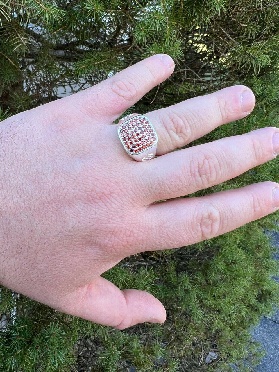 Mens Real Solid 925 Sterling Silver Iced Red Ruby Stone Ring Hip Hop Size 7-13