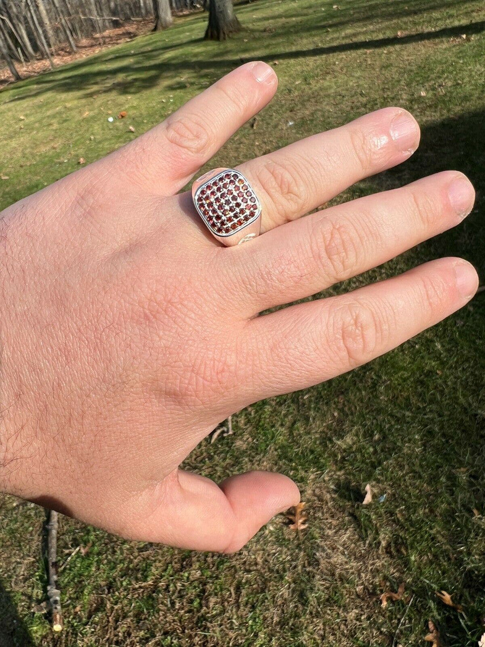 Mens Real Solid 925 Sterling Silver Iced Red Ruby Stone Ring Hip Hop Size 7-13