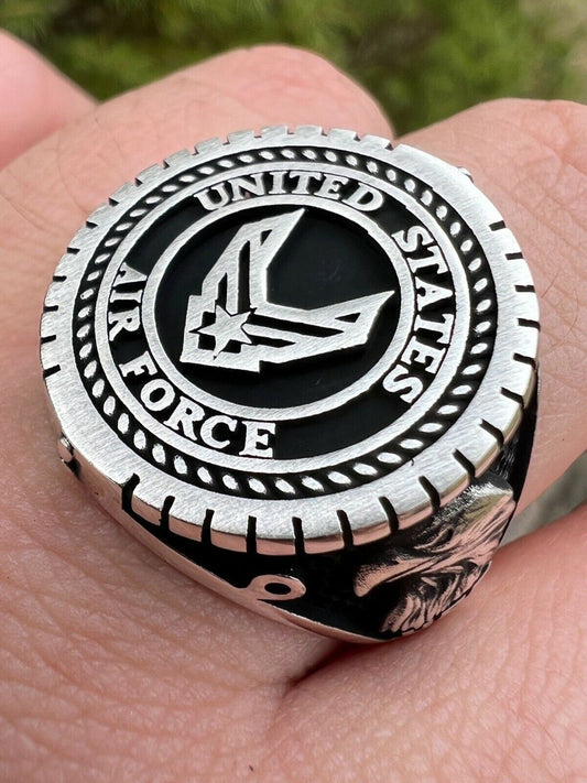 Mens Real Solid 925 Sterling Silver US Air Force Military Army Ring Size 7-13