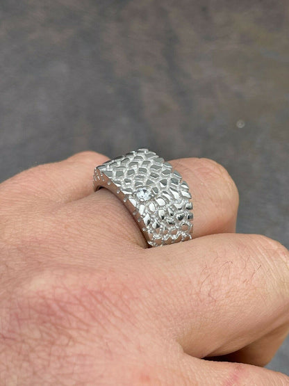 Mens Real Solid Sterling Silver Nugget Ring Solitaire