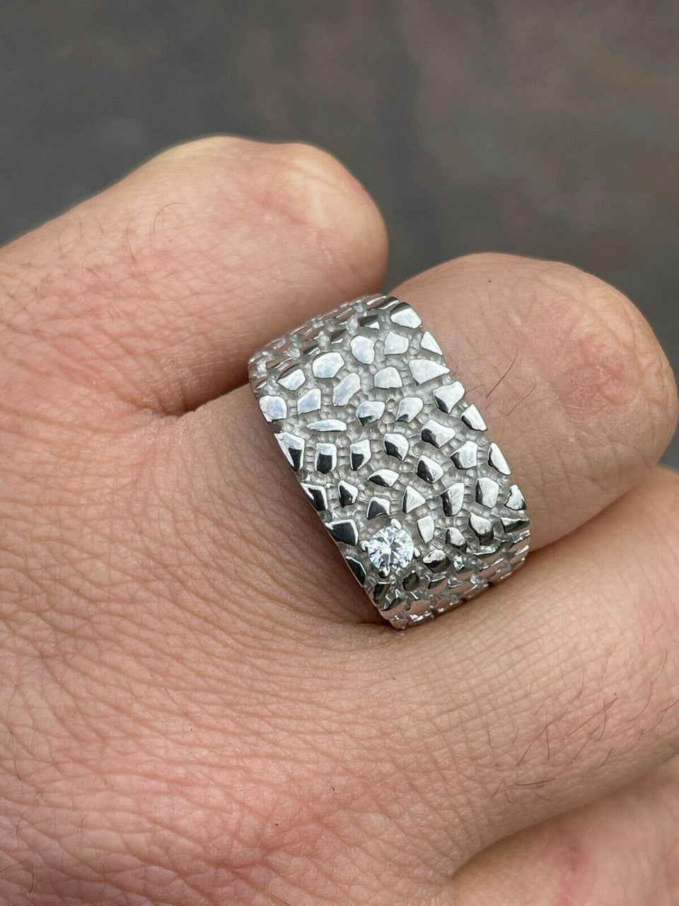 Mens Real Solid Sterling Silver Nugget Ring Solitaire