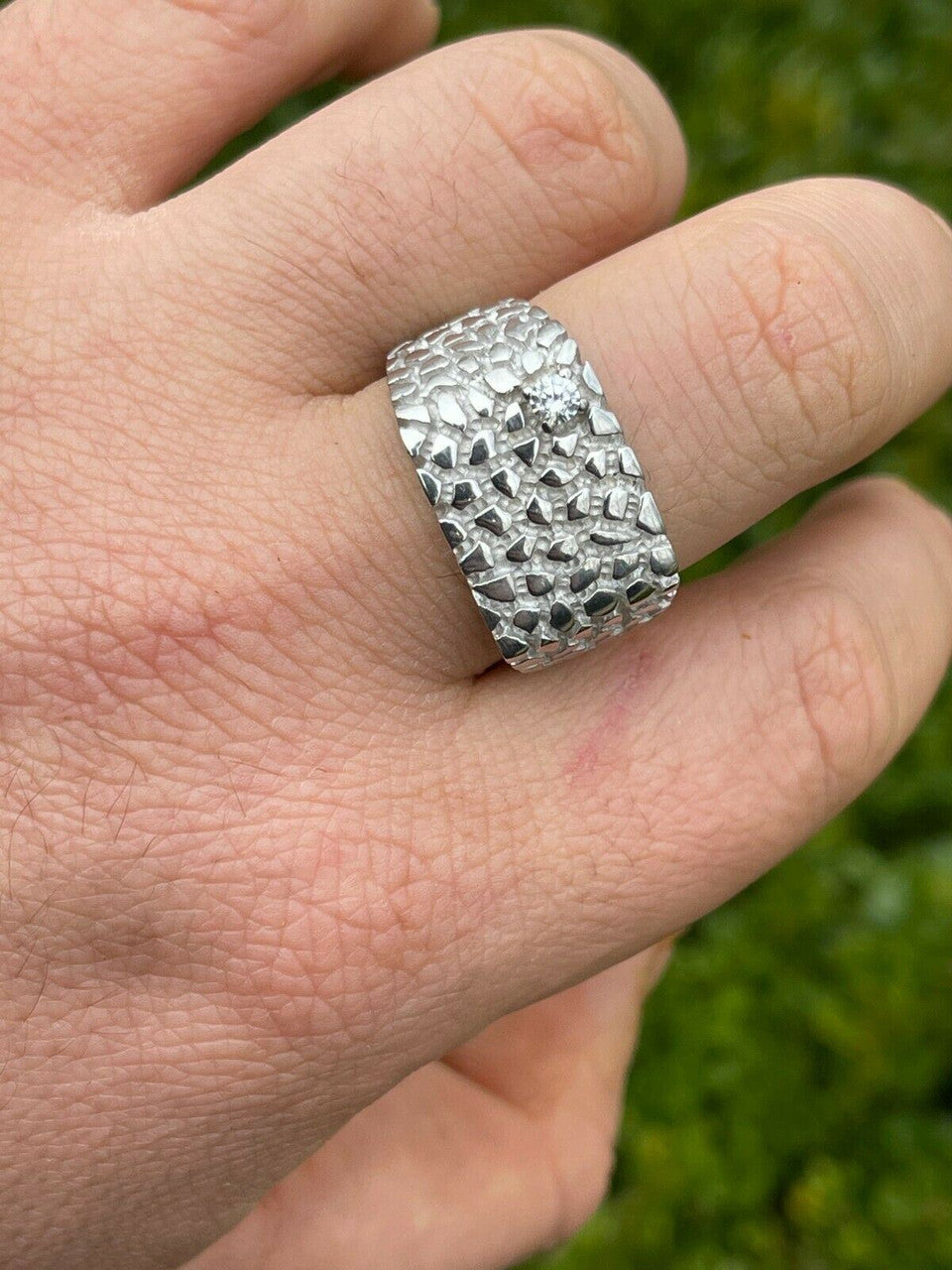 Mens Real Solid Sterling Silver Nugget Ring Solitaire
