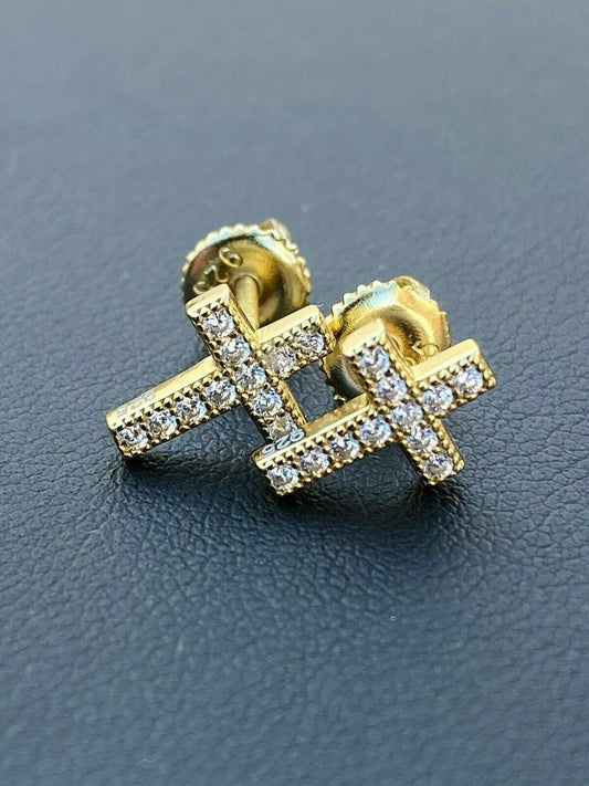 MOISSANITE 14k Gold Vermeil Small Cross Earrings Studs Iced Pass Diamond Tester