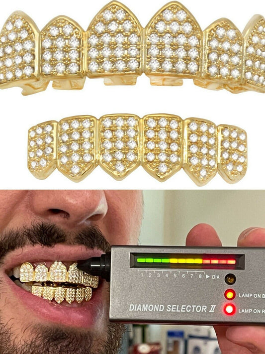 MOISSANITE GRILLZ Pass Diamond Test Teeth Top and Bottom Hip Hop 14k Gold Vermeil