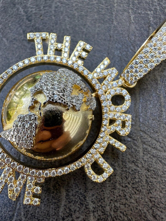 MOISSANITE Hip Hop 925 Silver Iced World Is Mine Spinning Globe Pendant Necklace