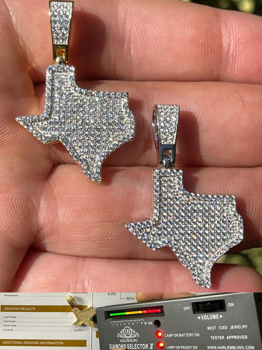 MOISSANITE Real 925 Silver / 14k Gold Hip Hop Texas State Shape Pendant Iced