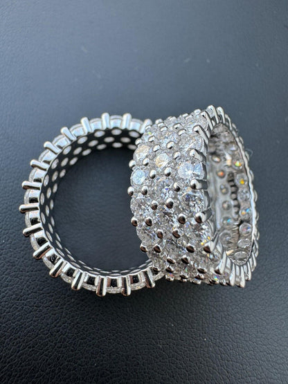 MOISSANITE Real 925 Silver Hip Hop Iced Honeycomb Set Eternity Band 9mm Ring