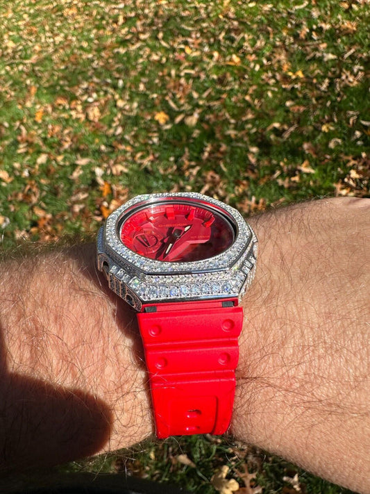 MOISSANITE Real 925 Silver Iced Red Casio G Shock GA-2100 Hip Hop Watch & Extras