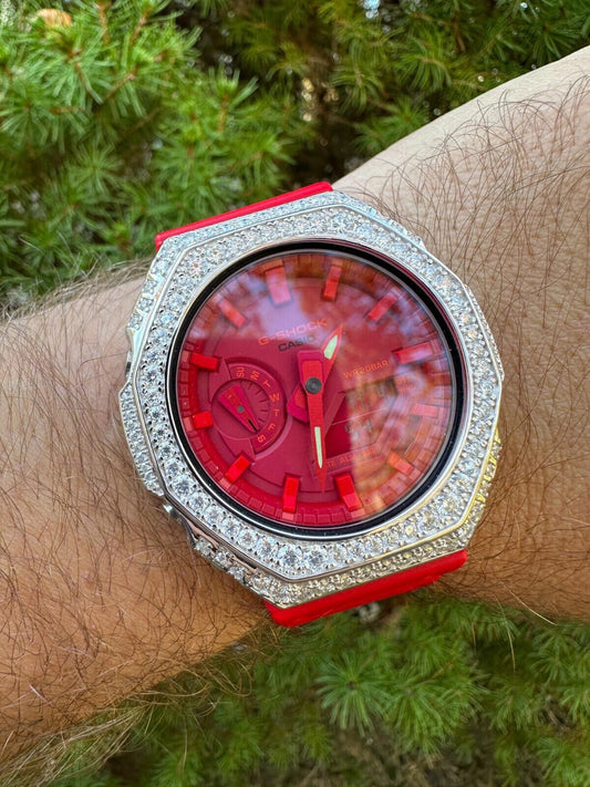 MOISSANITE Real 925 Silver Iced Red Casio G Shock GA-2100 Hip Hop Watch & Extras