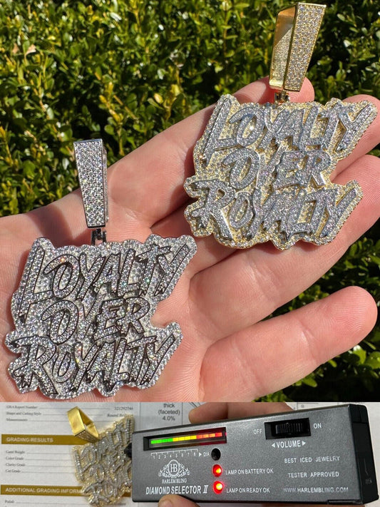 MOISSANITE Real Silver / Gold Iced LOYALTY OVER ROYALTY Hip Hop Pendant Necklace