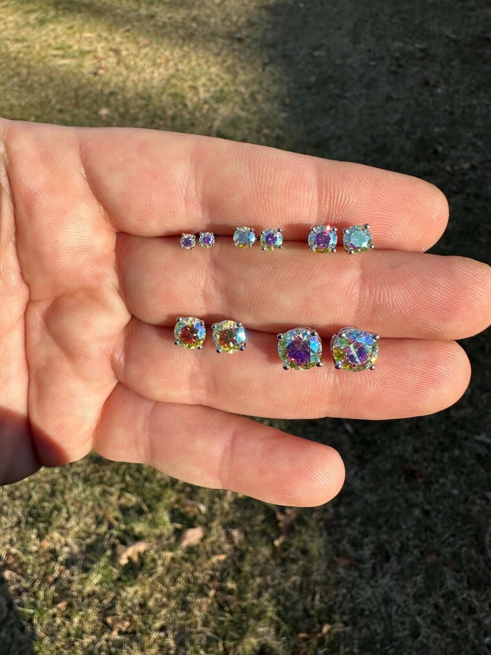 Rainbow Opal Moissanite Screwback Stud Earrings 925 Silver 3-8mm Pass Diamond Tester