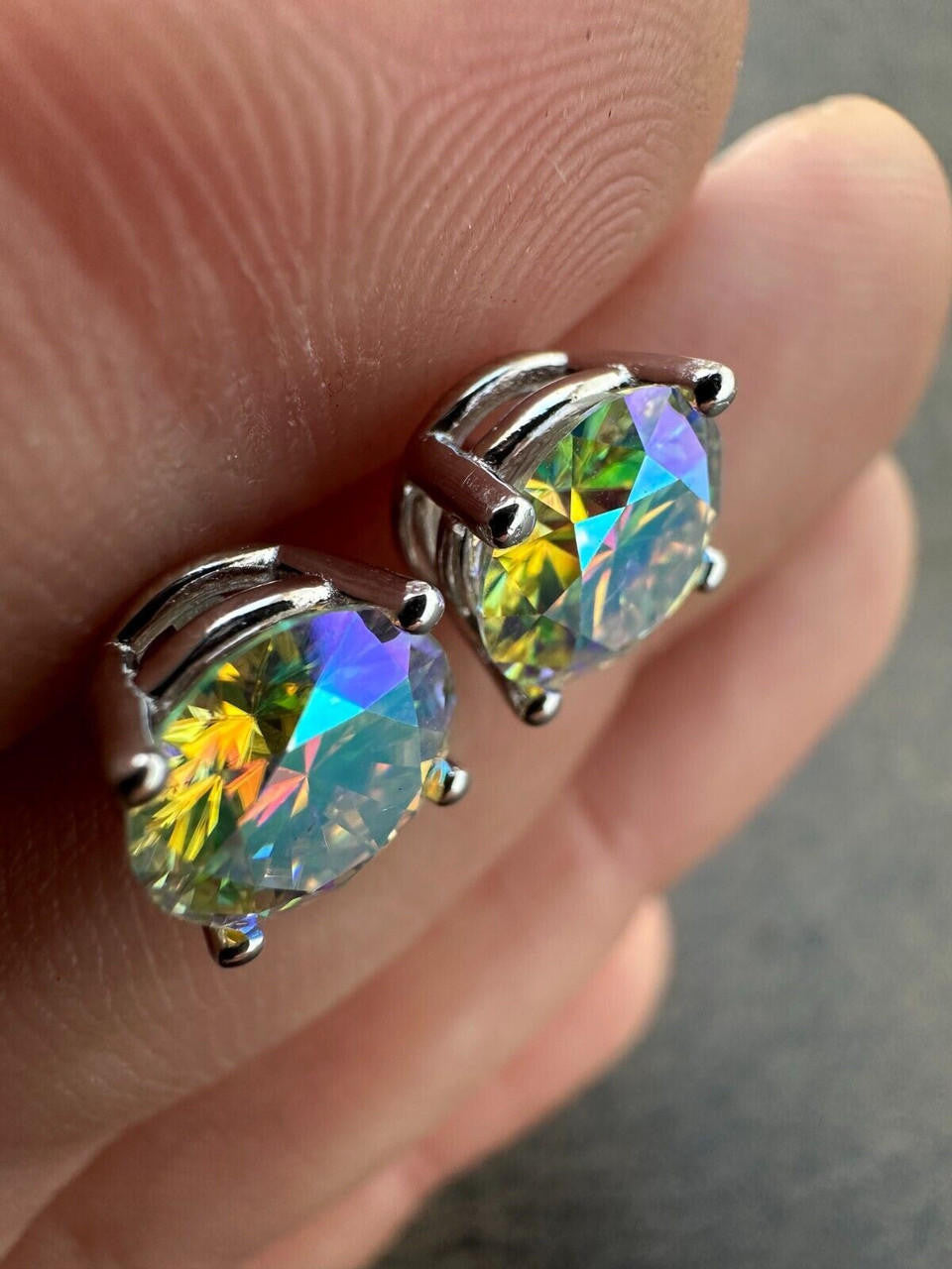 Rainbow Opal Moissanite Screwback Stud Earrings 925 Silver 3-8mm Pass Diamond Tester