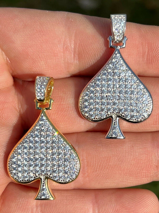 Real 925 Silver / Gold Hip Hop ACE Of Spades Pendant Iced Diamond Necklace Lucky