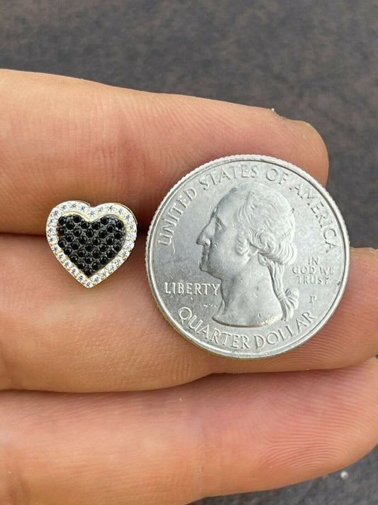 Real 925 Sterling Silver and 14k Gold Heart Shape Earrings Stud Iced Black Diamond