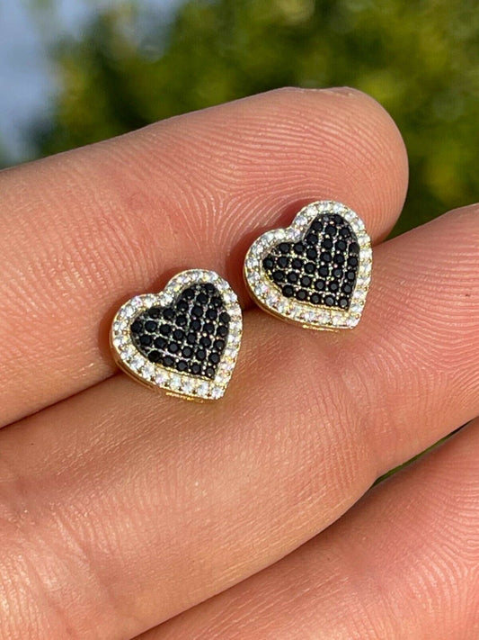 Real 925 Sterling Silver and 14k Gold Heart Shape Earrings Stud Iced Black Diamond