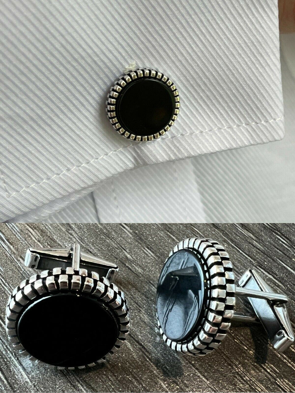 Real 925 Sterling Silver Black Onyx Stone Cuff Links Cufflinks Tuxedo Shirt