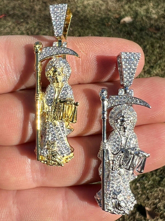 Real 925 Sterling Silver / Gold Santa Muerte Grim Reaper Death Pendant Necklace
