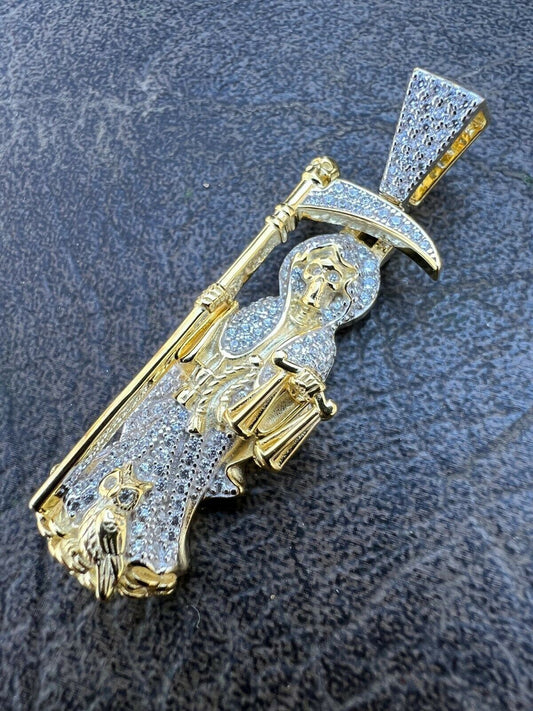 Real 925 Sterling Silver / Gold Santa Muerte Grim Reaper Death Pendant Necklace