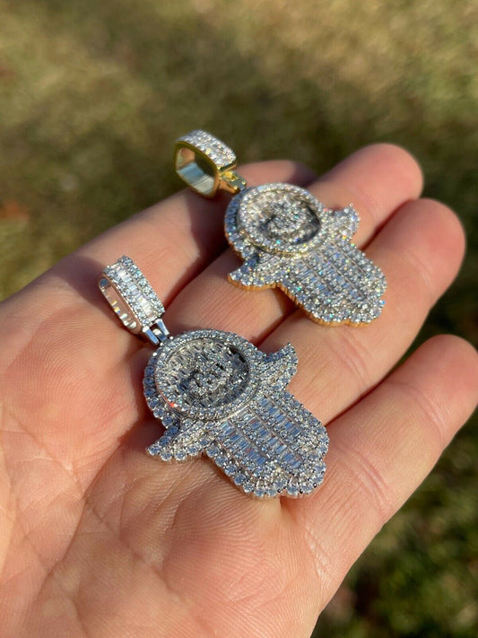 Real 925 Sterling Silver Hip Hop Iced Hand Of Fatima W Islamic Allah Sign Gold