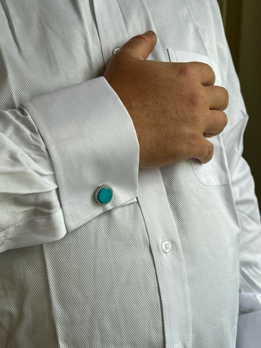 Real 925 Sterling Silver Mens Blue Turquoise Cuff Links Cufflinks Tuxedo Shirt