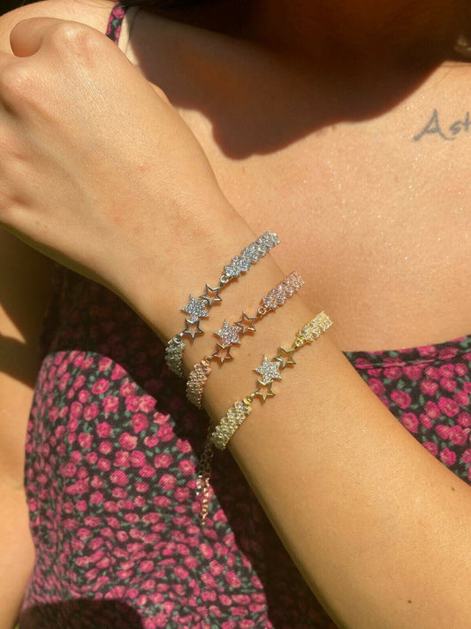 Real 925 Sterling Silver Yellow Rose Gold Baguette Star Shape CZ Ladies Bracelet