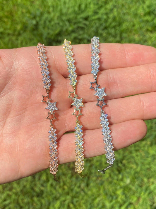 Real 925 Sterling Silver Yellow Rose Gold Baguette Star Shape CZ Ladies Bracelet