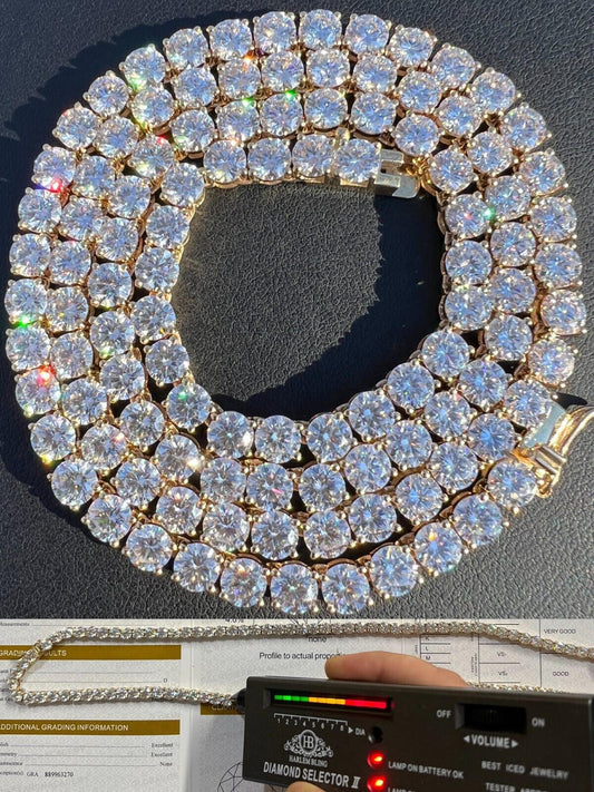 Real Solid 10k Yellow Gold 5mm Large Iced Moissanite Tennis Chain Necklace Mens