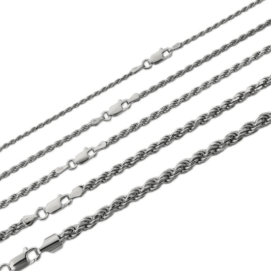 Rope Chain Necklace -  925 Sterling Silver W. Rhodium Plating - 16"-30" - 1.5mm-6mm