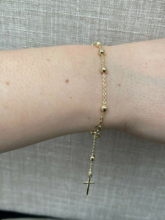 Rosary Bead Rosario Cross Ladies Bracelet 14k Gold Over Real 925 Sterling Silver