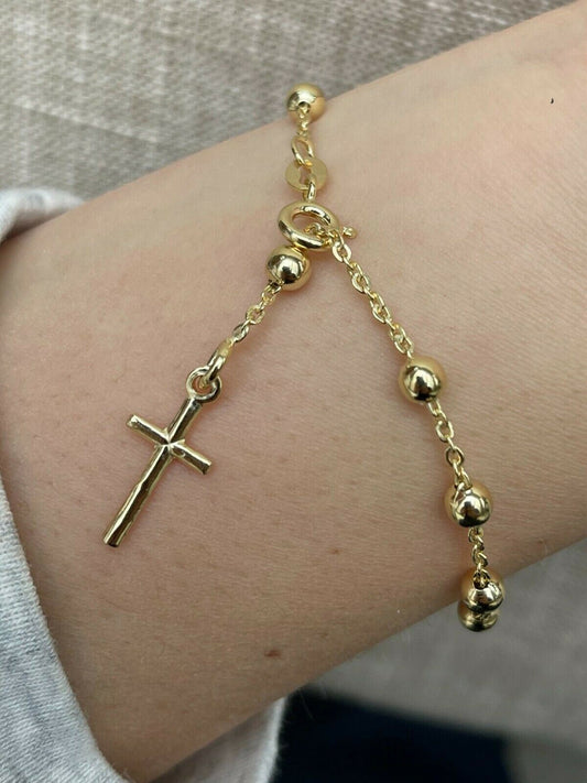 Rosary Bead Rosario Cross Ladies Bracelet 14k Gold Over Real 925 Sterling Silver