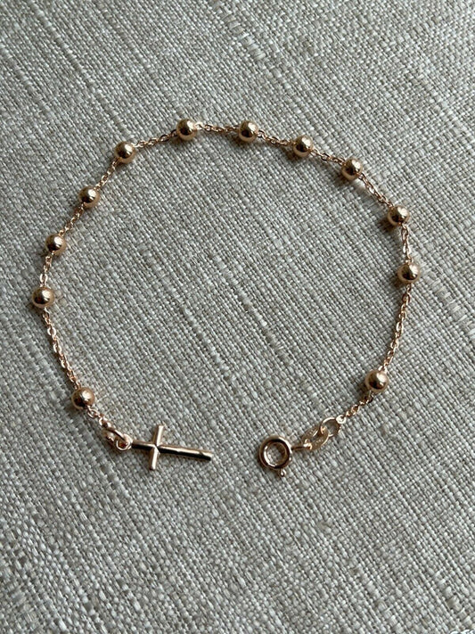 Rosary Bead Rosario Cross Ladies Bracelet 14k Rose Gold Over 925 Sterling Silver