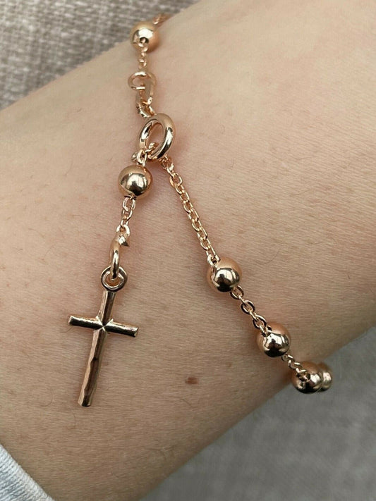 Rosary Bead Rosario Cross Ladies Bracelet 14k Rose Gold Over 925 Sterling Silver