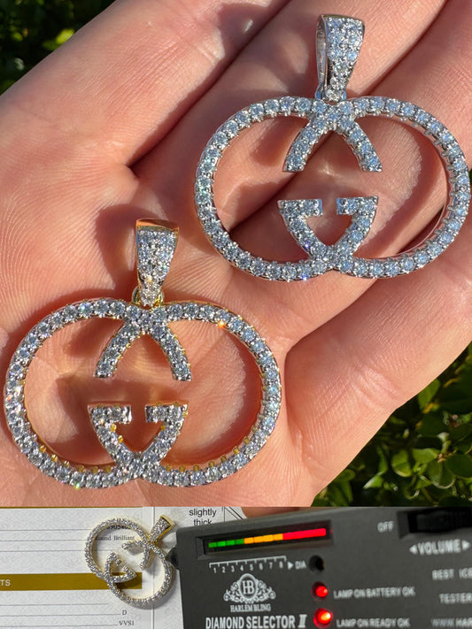 Silver Gucci Logo Iced Out MOISSANITE Real 925 Silver / Gold Hip Hop Pendant Mens Ladies Necklace Medallion