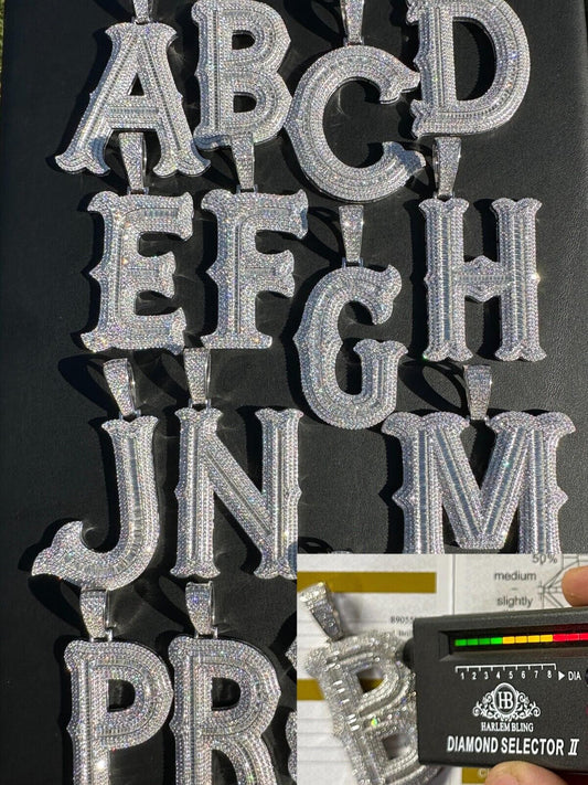 Silver Real Moissanite Gothic Large 2" Initial Letter 925 Silver Pendant Iced Necklace