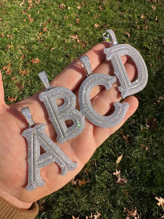 Silver Real Moissanite Gothic Large 2" Initial Letter 925 Silver Pendant Iced Necklace