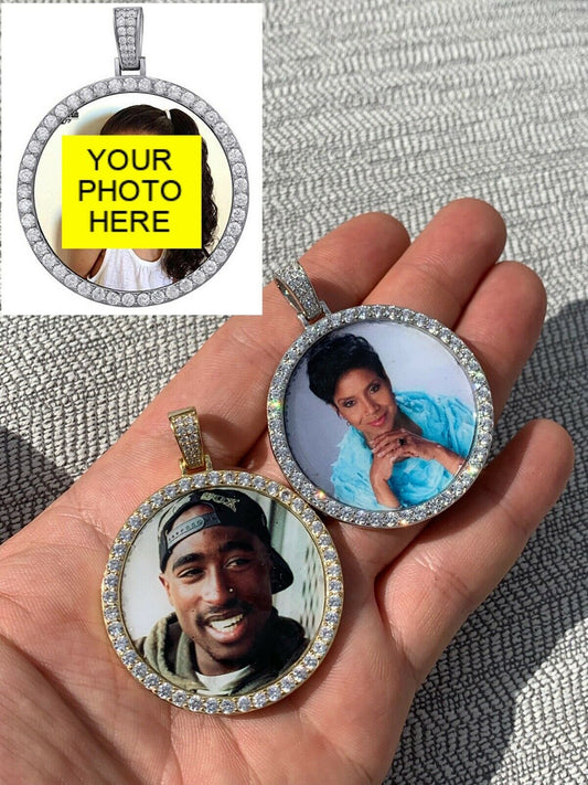 Silver Solid 925 Silver Custom Hip Hip Photo Pendant Iced CZ Picture Flooded Out Gold