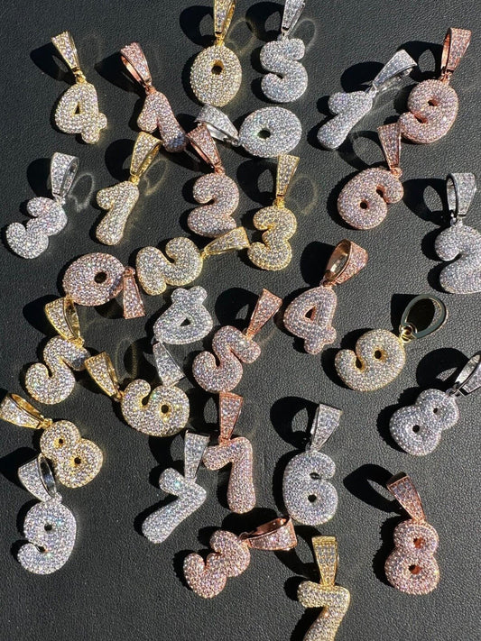 Silver Solid 925 Silver / Gold Bubble Lucky Number Pendant Iced Simulated Diamonds 0-9