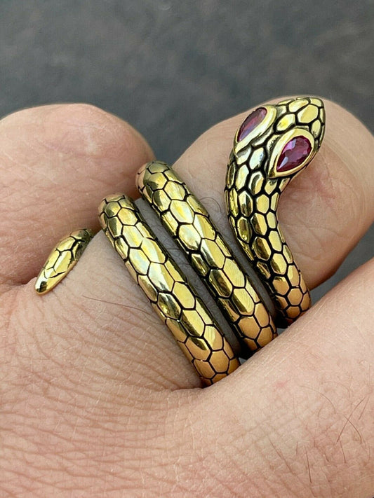 Snake Ring 14K Gold Vermeil 925 Silver Wrap Around Cobra W Ruby Eyes Sizes 5-12