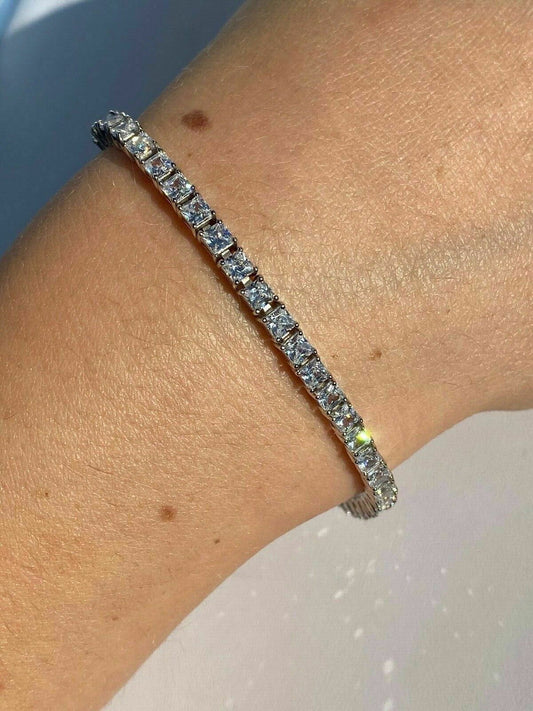SOLID 925 Sterling Silver 3mm Tennis Bracelet 1 Row Princess Baguette Diamond