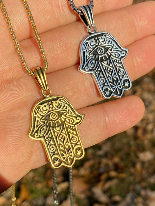 Solid 925 Sterling Silver Hamsa Hand Of Fatima Pendant Gold Necklace Large 1.75