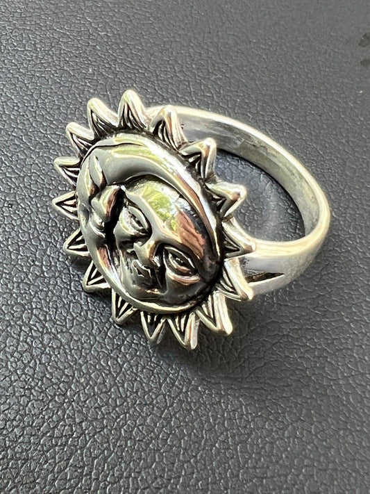 Solid 925 Sterling Silver Oxidized Celestial Crescent Sun and Moon Ring BoHo Ring